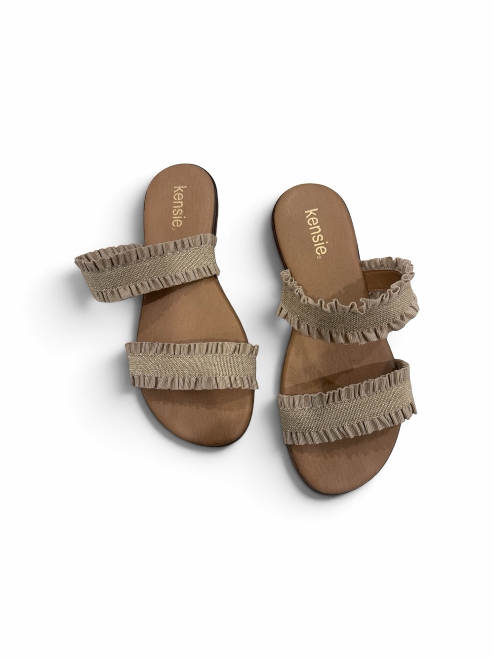 kensie Beige Ruffle Double-Strap Slide Sandals
